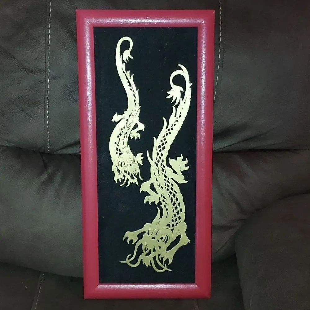 Vintage  BrassTwin Dragons Framed Wall Display